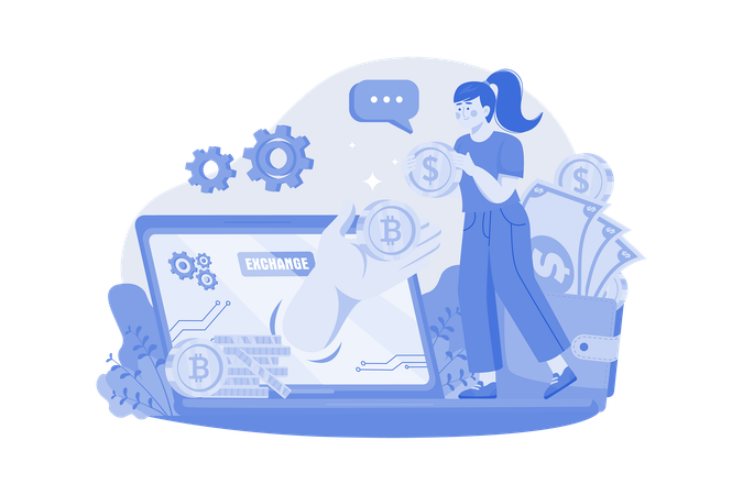 Woman doing bitcoin exchange  Illustration