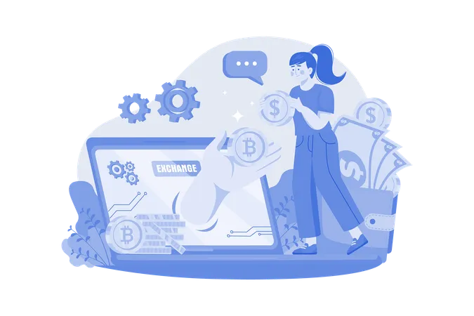 Woman doing bitcoin exchange  Illustration