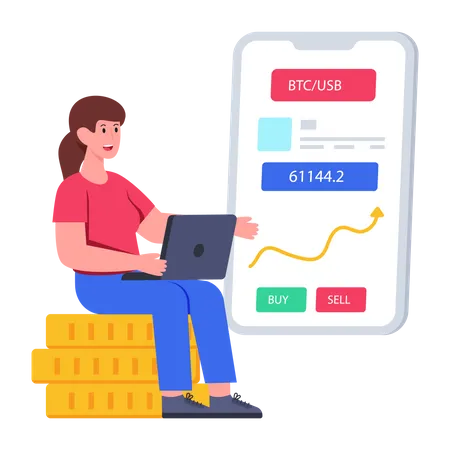 Woman doing Bitcoin trading on app  Illustration