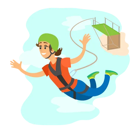 Woman Wearing Helmet And Insurance Falling From Bridge Bungee Jumping Poster Freefall Extreme Sport Portrait View Of Smiling And Flying Female Vector Illustration