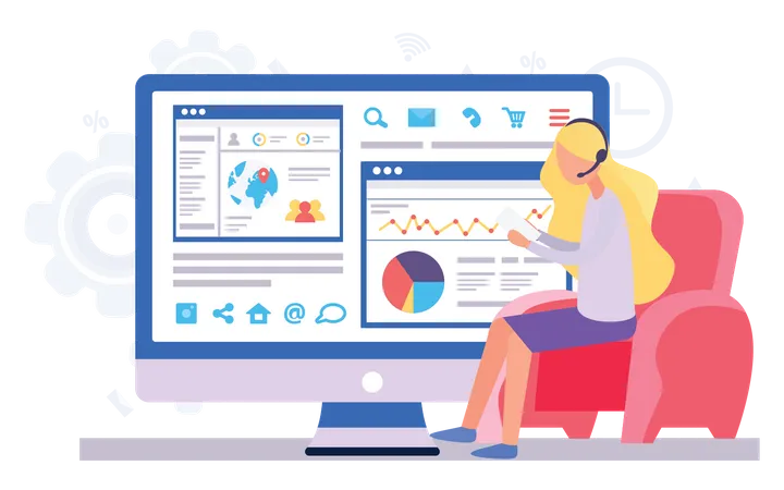 A Set Of Illustrations On The Topic Of Analysts Working People Work With Technology To Analyze Data And Keep Statistics Monitor With Graphs And Diagrams In The Background Data Analysis Concept Illustration