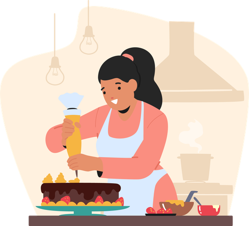 Woman doing cake icing  Illustration