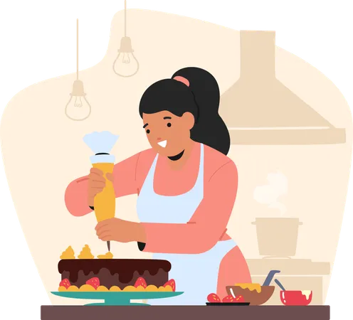 Woman doing cake icing  Illustration