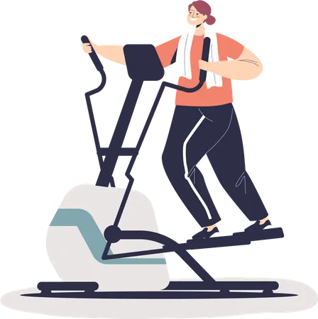 Woman Doing Cardio Exercises Running On Elliptical Machine Young Female Workout In Gym Girl Fitness Training For Lose Weight And Health Wellness And Health Cartoon Flat Vector Illustration Illustration