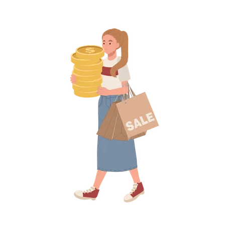 Woman Holding Shopping Bags Is Doing Cash Payment Shopping Concept Sale Promotion Vector Illustration Illustration