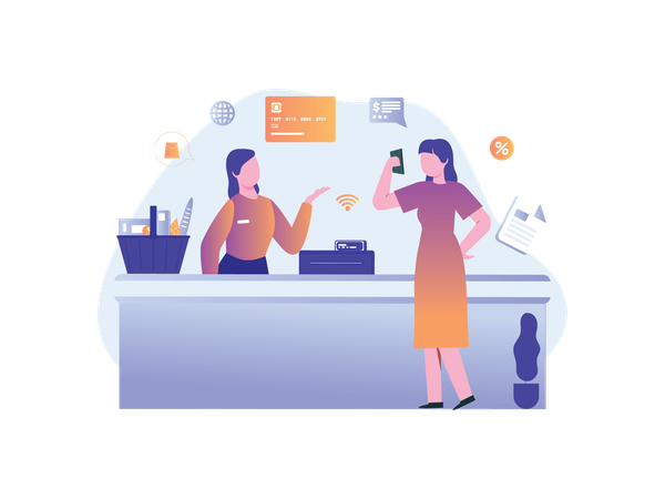 Woman doing cashless payment at supermarket counter  Illustration