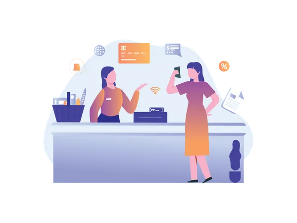 Woman doing cashless payment at supermarket counter  Illustration