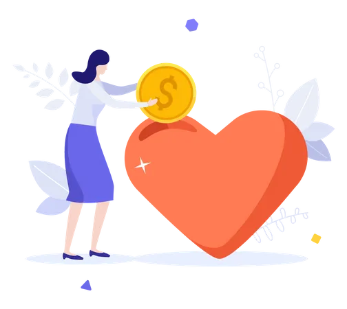 Woman Putting Coin Into Heart Concept Of Charity Donation Financial Assistance Aid Or Support Philanthropy Donating Money To Nonprofit Organization Or Foundation Modern Flat Vector Illustration イラスト