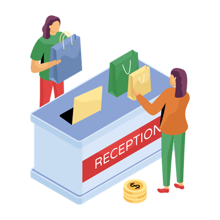 Woman doing clothes payment at reception desk  Illustration