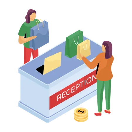 Woman doing clothes payment at reception desk  Illustration