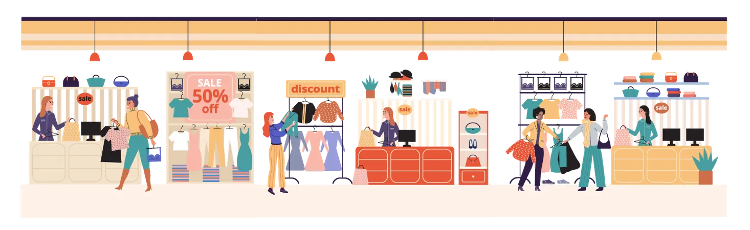 Woman doing clothes shopping on black Friday  Illustration