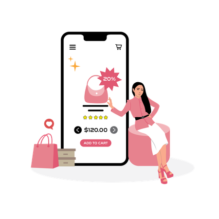 Woman doing clothes shopping using mobile app  Illustration