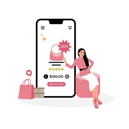 Woman doing clothes shopping using mobile app  Illustration