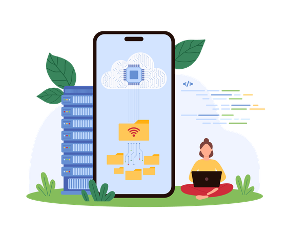 Woman doing cloud data download using mobile app  Illustration