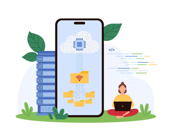 Woman doing cloud data download using mobile app  Illustration