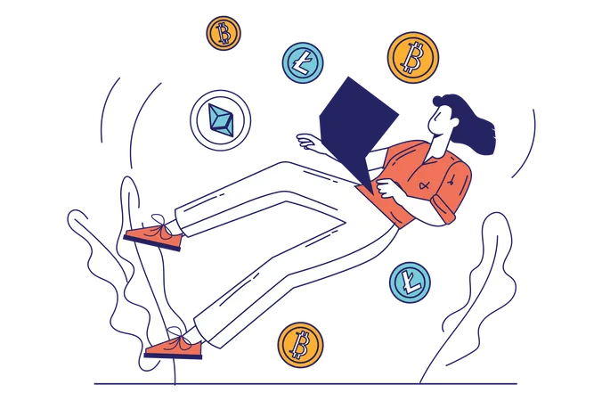 Cryptocurrency Concept In Flat Line Design For Web Banner Woman Earns Digital Money Financial Exchange Mining Bitcoins Technology Modern People Scene Vector Illustration In Outline Graphic Style Illustration