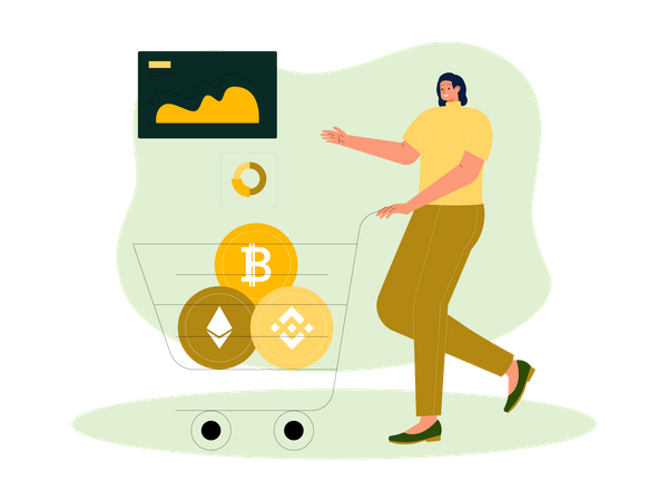Woman doing cryptocurrency shopping Illustration