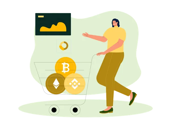 Woman doing cryptocurrency shopping Illustration