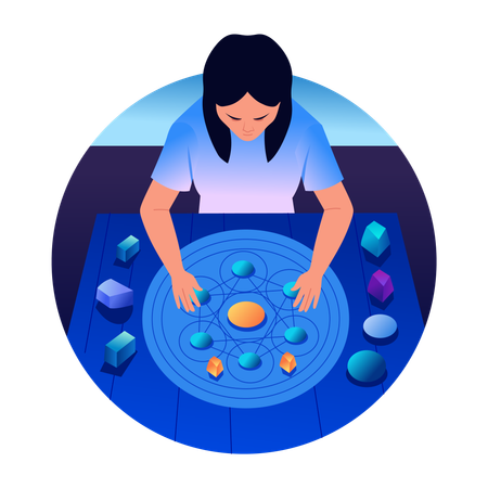 Woman doing crystal gridding  Illustration
