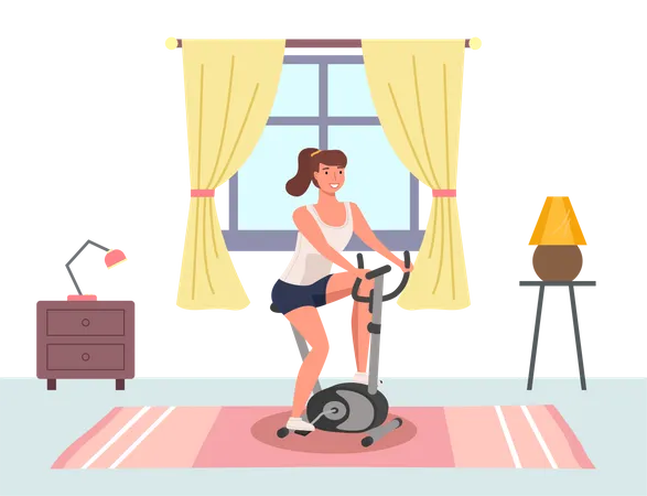 Woman Doing Cycling Exercise Illustration Of Female With Bike Trainer Doing Sports At Home Cardio Workout Exercising In The Gym In The Morning Lifestyle And Health Equipment For Physical Activity Illustration