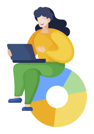 Woman Sitting Alone And Typing On Laptop Keyboard Icon Of Diagram With Colorful Segments Under Manager Lady Work On Computer On Analytics Graphic For Presentation Vector Illustration In Flat Style Illustration