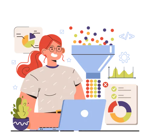 Diverse Women In AI And STEM Concept Female Character Works With Big Data Mining And Analyzing Of Digital Information For Business And Technology Development Flat Vector Illustration Illustration