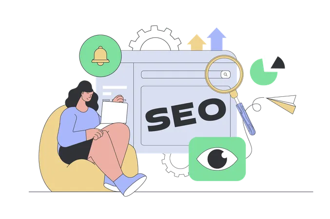 SEO Optimization Concept In Modern Flat Design For Web Woman Making Data Research Improving Traffic And Site Ranking For Internet Vector Illustration For Social Media Banner Marketing Material Illustration