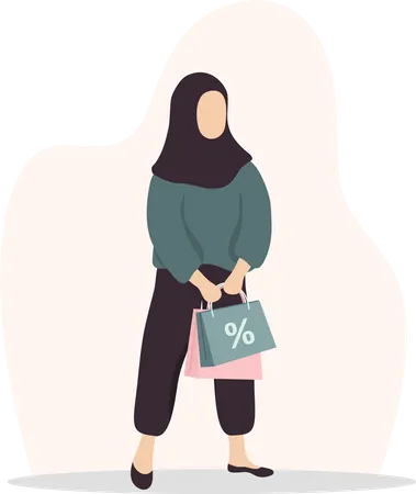 Woman Shopping Happy Arab Girl Carrying Bags Vector Cartoon Illustration Isolated On White Background Promotion And Sale Template Illustration