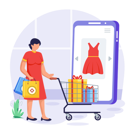 Woman doing dress shopping from website  Illustration