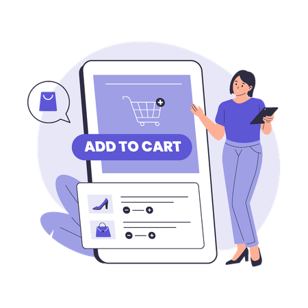 Woman doing E-Commerce Shopping with Add to Cart Feature  Illustration