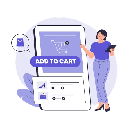 Woman doing E-Commerce Shopping with Add to Cart Feature  Illustration