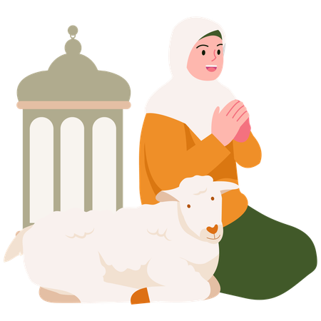 Woman doing Eid Prayer With Sheep  Illustration