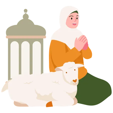 Woman doing Eid Prayer With Sheep  Illustration