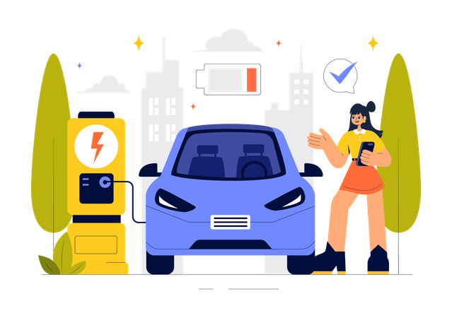 Woman doing Electric Car Battery Charging  Illustration