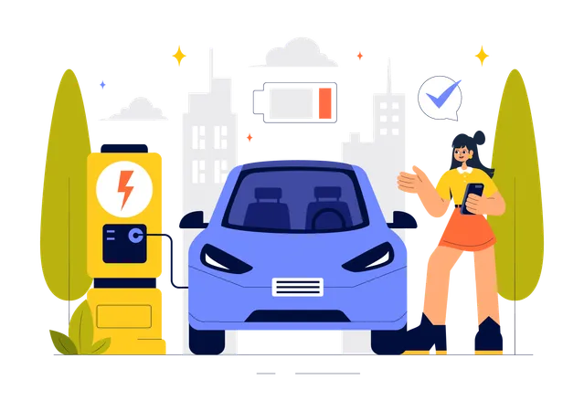 Woman doing Electric Car Battery Charging  Illustration