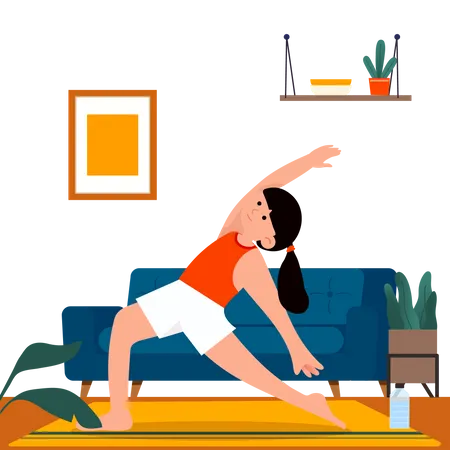 Young Woman Exercises At Home In The Living Room In Front Of The Sofa For Good Health Illustration