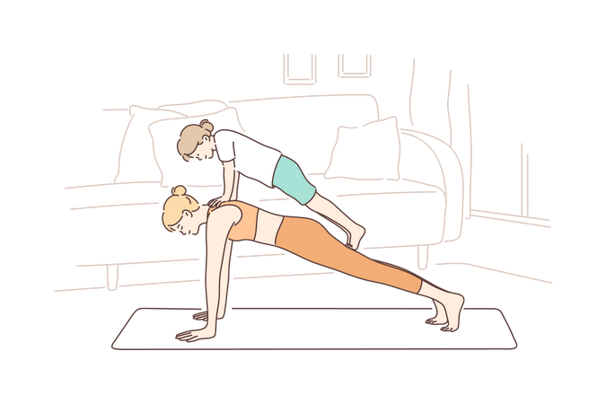 Woman doing exercise at home with daughter  Illustration