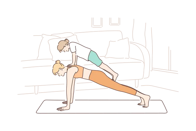 Woman doing exercise at home with daughter  Illustration