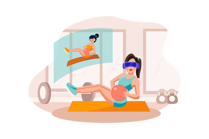 Woman doing exercise using VR tech  Illustration