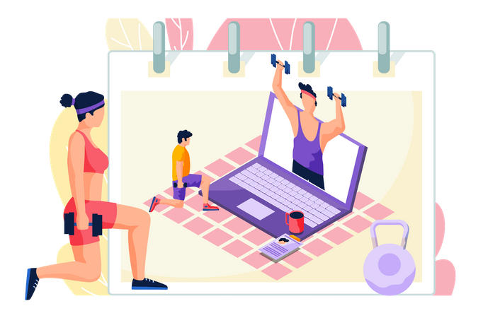Woman doing exercise while watching online tutorial Illustration