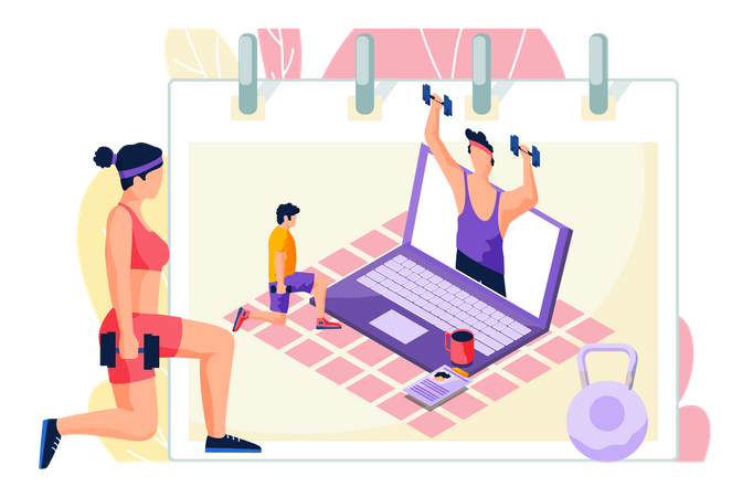 Woman doing exercise while watching online tutorial  Illustration