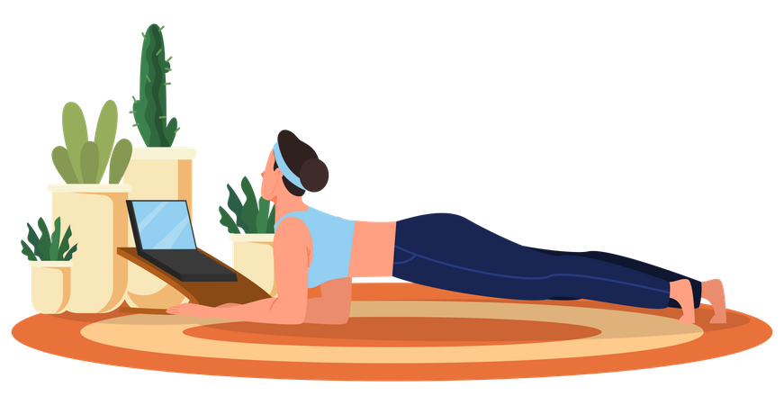 Woman doing exercise while watching online video on laptop  Illustration