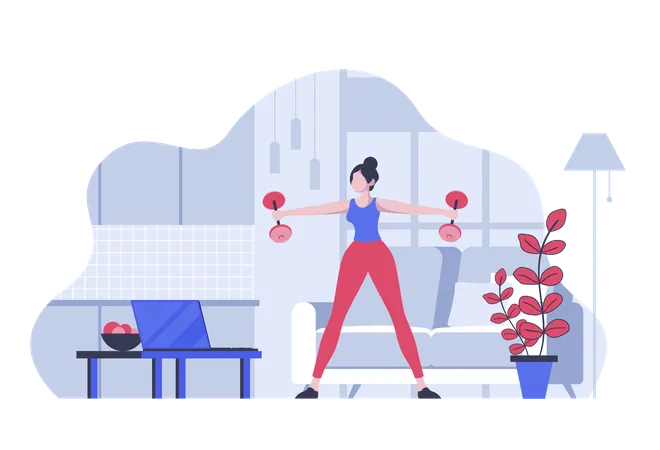 Fitness At Home Concept With Cartoon People In Flat Design For Web Woman Doing Exercise With Dumbbells With Video Training Lesson Vector Illustration For Social Media Banner Marketing Material Illustration