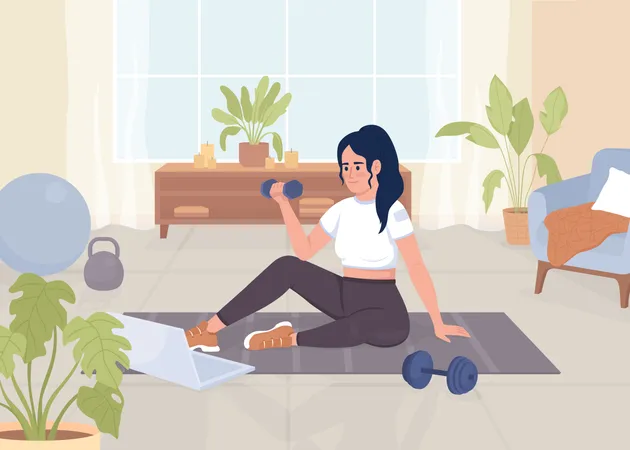 Woman Doing Exercises For Arms Flat Color Vector Illustration Training With Dumbbells By Video Lesson Sports Activity Fully Editable 2 D Simple Cartoon Character With Home Interior On Background Illustration