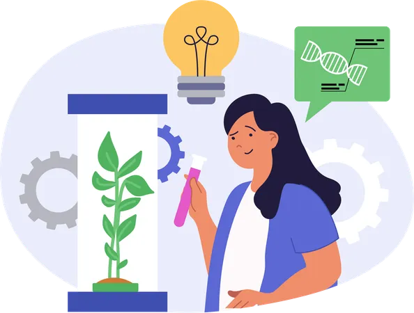 Woman doing experiment on plants  Illustration