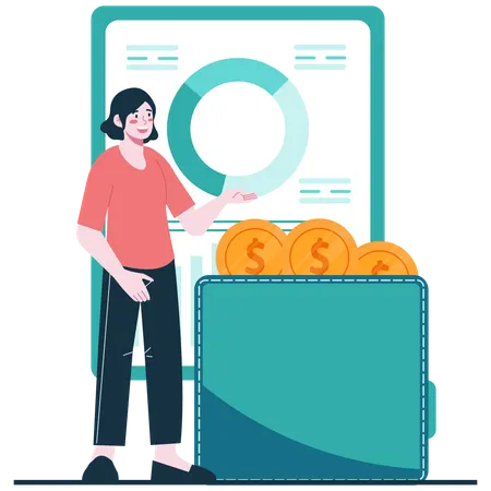 Woman doing Financial Wallet Overview  Illustration