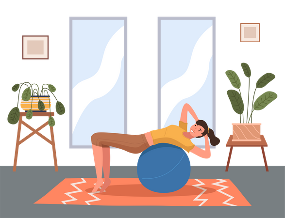 Woman doing fitness exercise at home with ball  Illustration