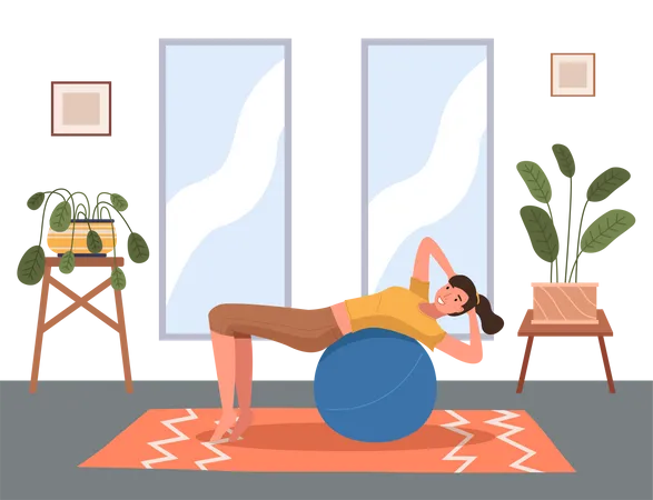 Woman doing fitness exercise at home with ball Illustration
