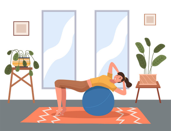 Woman doing fitness exercise at home with ball  Illustration