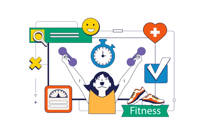 웹용 플랫 네오 브루탈리즘 디자인의 피트니스 개념입니다 아령으로 운동하고 체중 감량을 위한 훈련과 운동을 하는 여성 소셜 미디어 배너 마케팅 자료에 대한 벡터 일러스트레이션 일러스트레이션